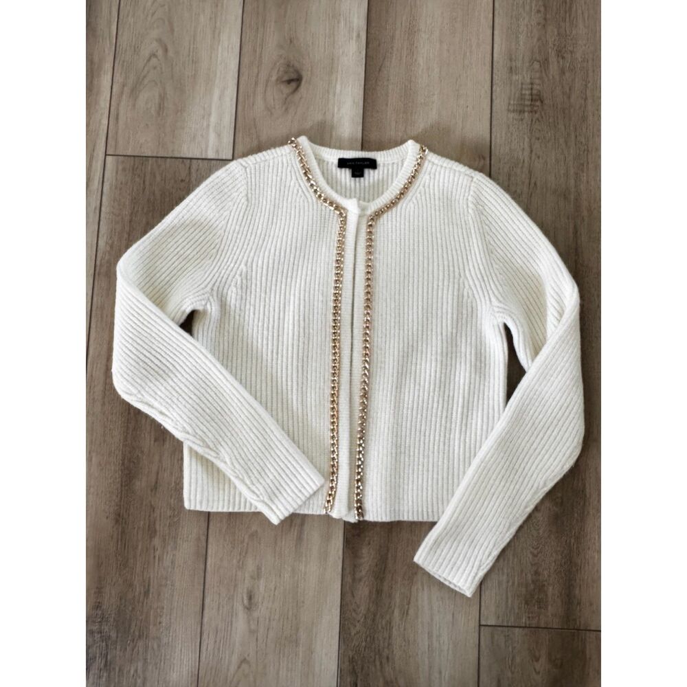 Ann Taylor Cream Ribbed Open Cardigan Gold Chain Trim S Chic Classic Old Money